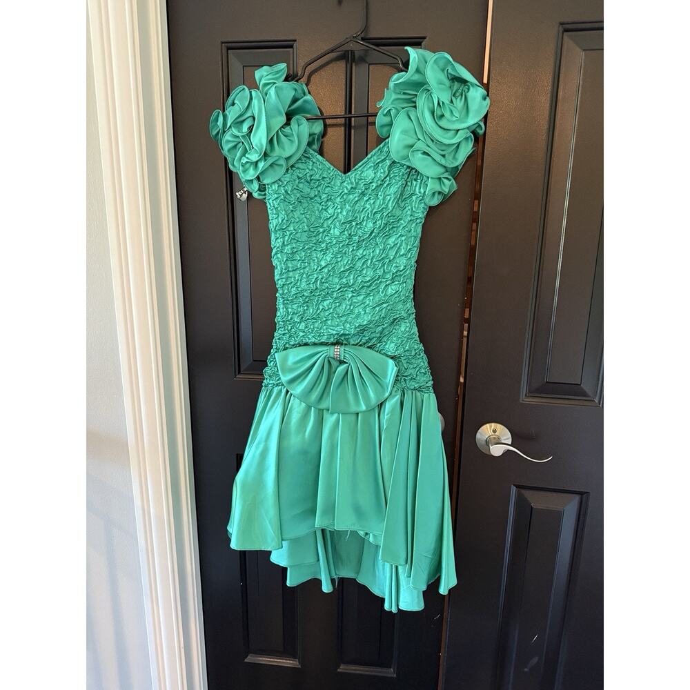 Vintage Teal Ruffle Sleeve Dress with Bow Detail